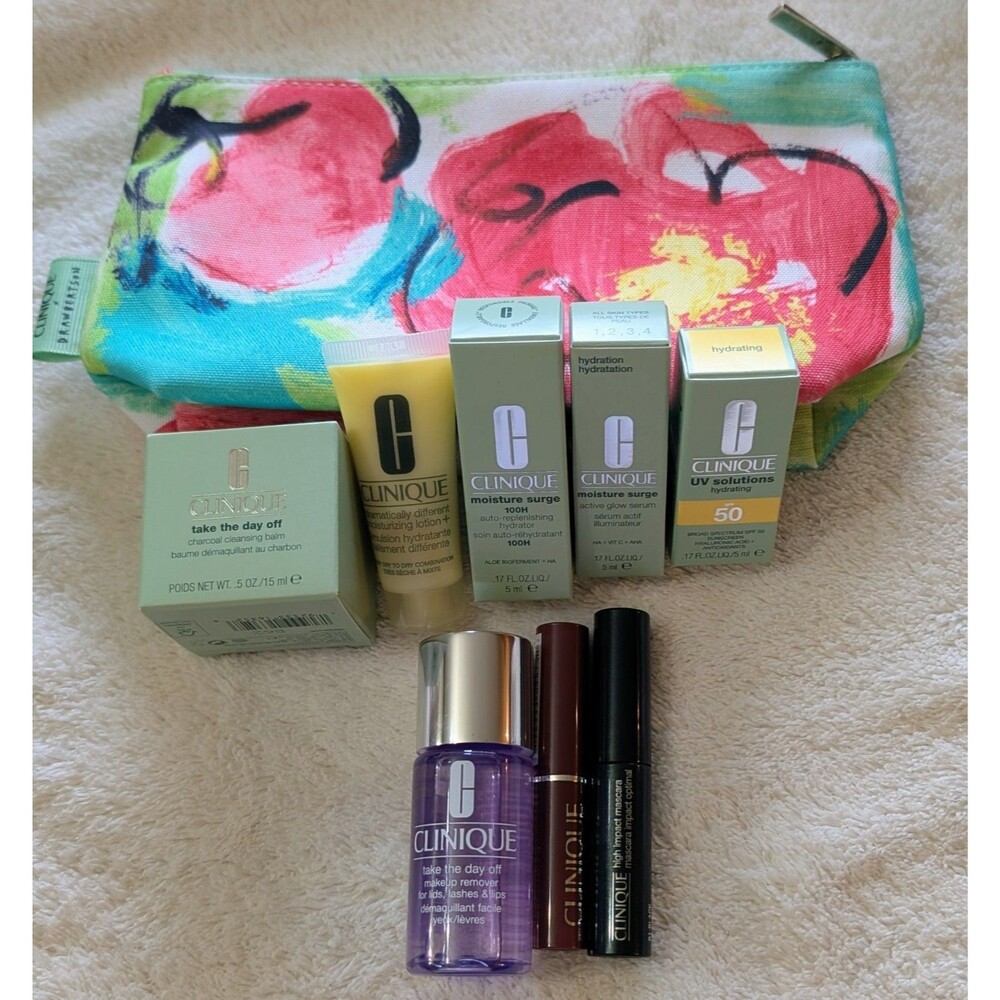 Clinique 9-Piece Skincare & Makeup Travel Gift Set Black Honey Floral Pouch